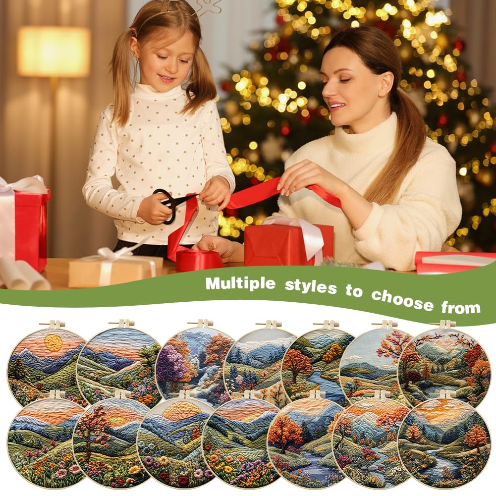 Eforcase Embroidery Starter Kit for Adult Beginner with Landscape Tree Mountain River Floral Nature Scenery Pattern Cross Stitch Hand Embroidery Set DIY Cross Stitch Kits with Hoops Needles Threads