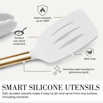 Styled Settings White and Gold Kitchen Utensils Set - 15-Piece BPA free, Non-Scratch, Utensils Set Includes White Silicone Cooking Utensils and Measuring Cups and Spoons