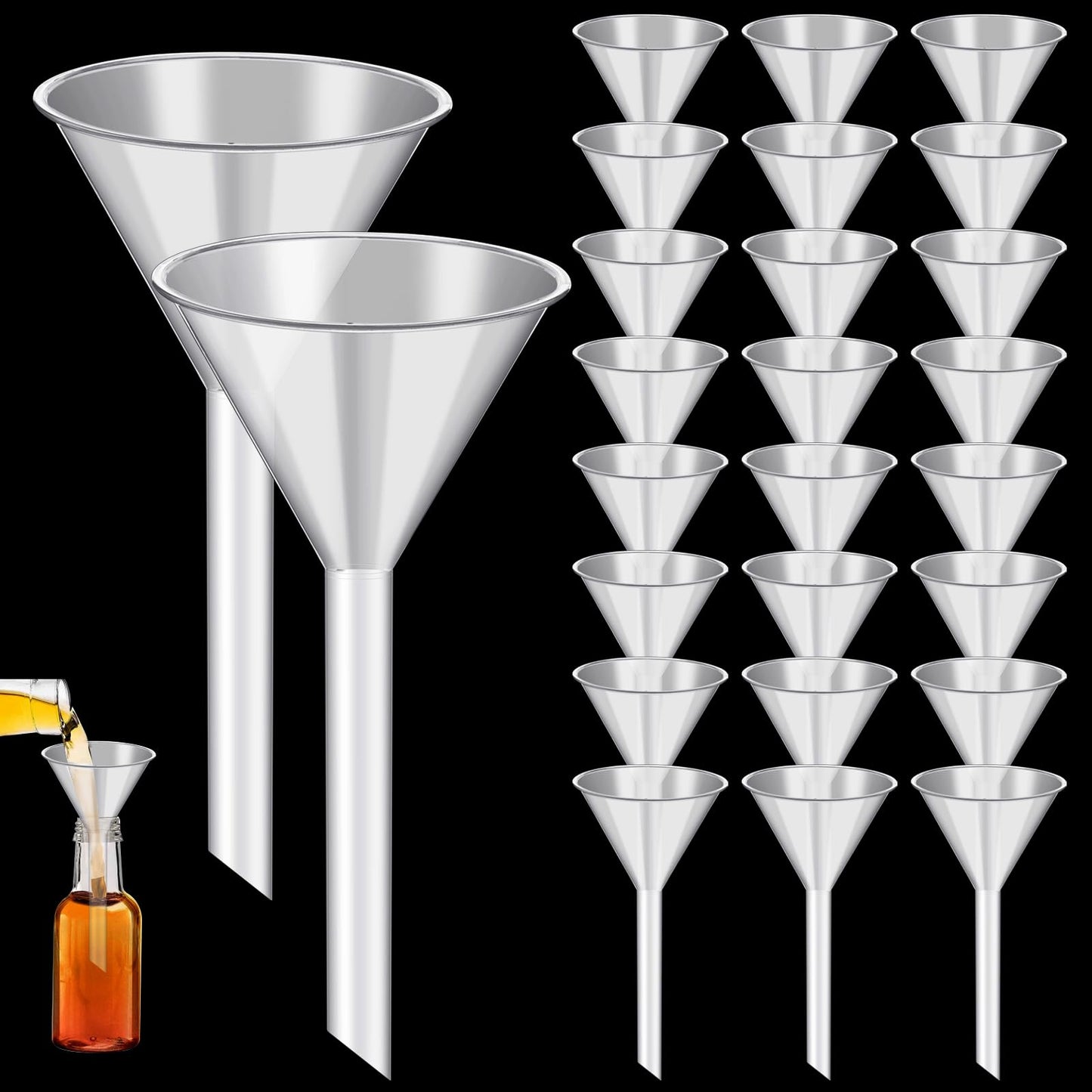 Elesunory 25Pcs 3.5 Inch Plastic Funnels, Wide Mouth Funnels for Kitchen Use Filling Bottles, Versatile Large Funnel with Long Reaching Spout for Oil, Perfume, Spices