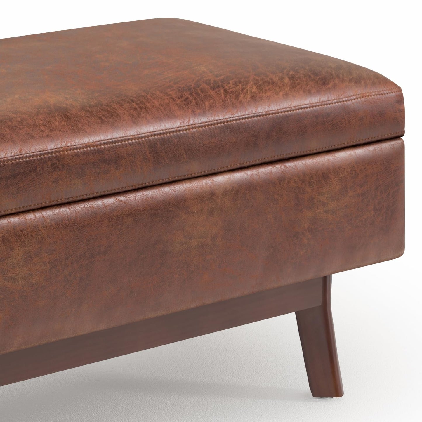SIMPLIHOME Owen Small Rectangular Storage Ottoman - 36 inch Wide Upholstered Vegan Leather Lift-Top Ottoman in Distressed Saddle Brown, Mid-Century Modern Ottoman for Living Room with Tufted Detail