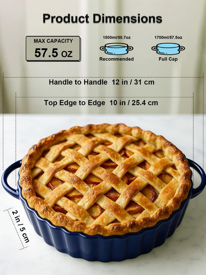 Yamteck 10×2in Deep Ceramic Pie Pan with Handles for Pie Quiche Tart Baking. Easy to grip, Lead-Free. Casserole Lasagna Dish for Thanksgiving Christmas Gift. Oven Microwave Dishwasher Safe. Blue