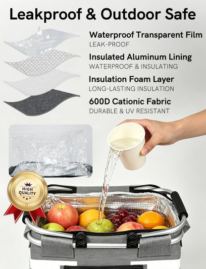 KEFOMOL Insulated Picnic Basket,Leak-Proof Collapsible Cooler Bag,26L Grocery Basket with Lid,2 Sturdy Handles,Storage Basket for Picnic,Food Delivery,Take Outs,Market Shopping,Travel (Gray)