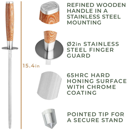 WALDWERK Premium Honing Rod - Honing Steel Made of Hardened Steel with Elegant Wooden Handle - 100% Plastic-Free Sharpening Steel for - Kitchen Knife Sharpener - Knife Sharpeners for Kitchen Knives