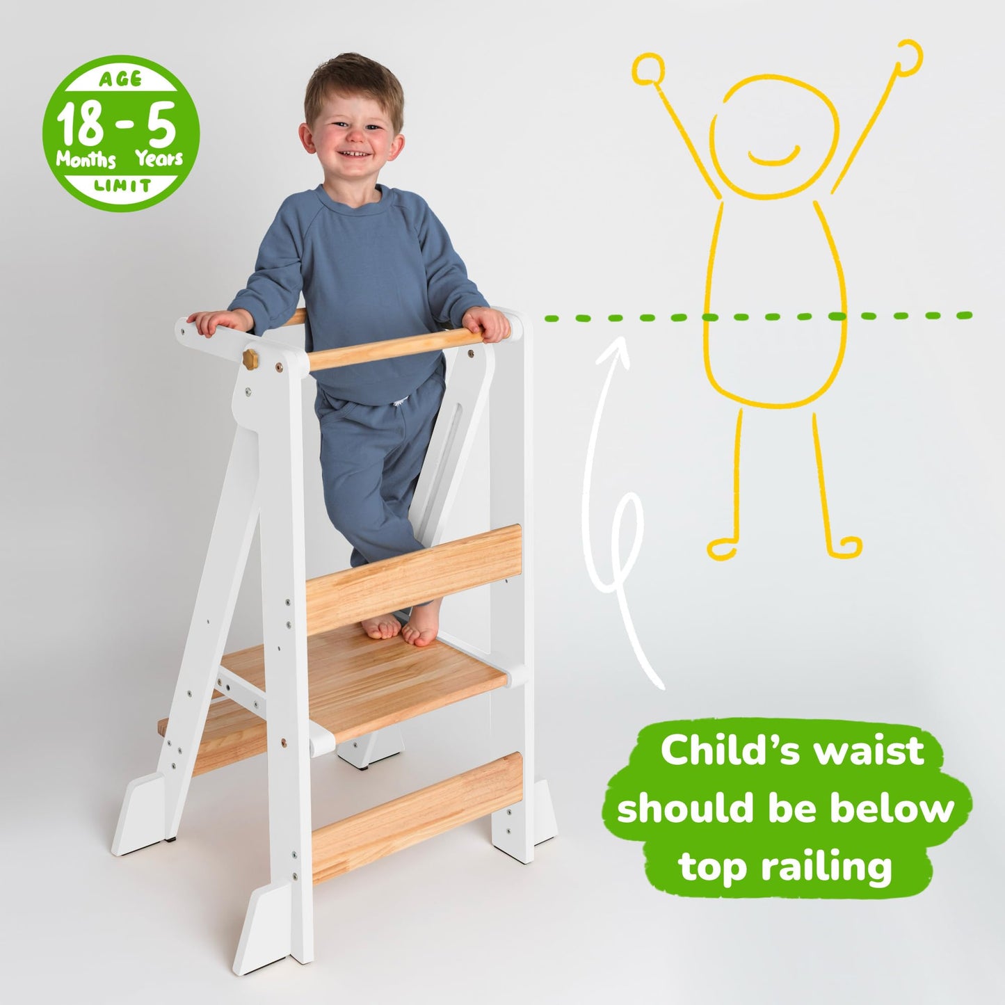 OCODILE Adjustable Foldable Toddler Tower – Folding Tower for Kids | Montessori Toddler Kitchen Step Stool Helper for Independence - White