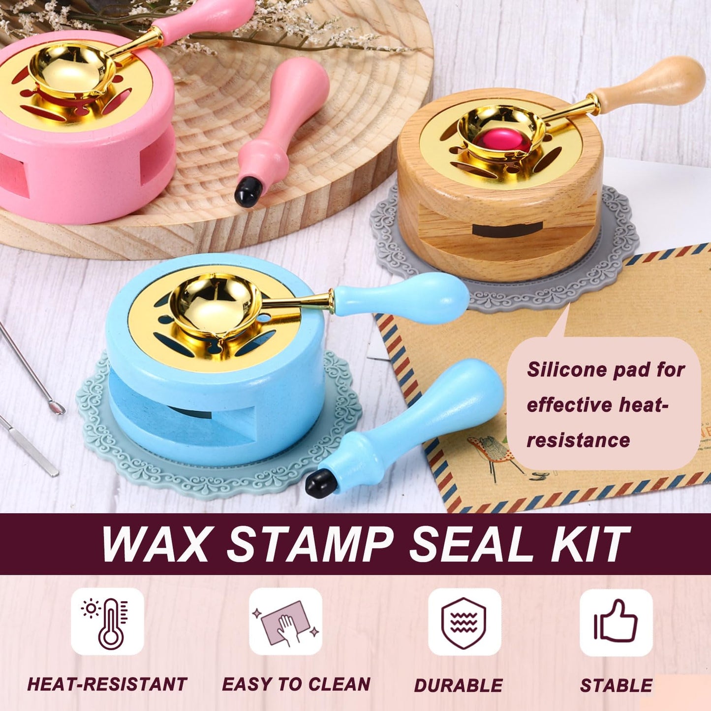 PATIKIL Wax Stamp Seal Kit, Wax Seal Kit Include Sealing Warmer, Melting Spoon, Silicone Pad, Retro Melt Stove Pot Furnace Tool for Envelope Letter Mailing Crafts DIY, Wood Color/Gray