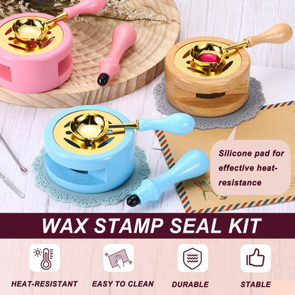 PATIKIL Wax Stamp Seal Kit, Wax Seal Kit Include Sealing Warmer, Melting Spoon, Silicone Pad, Retro Melt Stove Pot Furnace Tool for Envelope Letter Mailing Crafts DIY, Wood Color/Gray