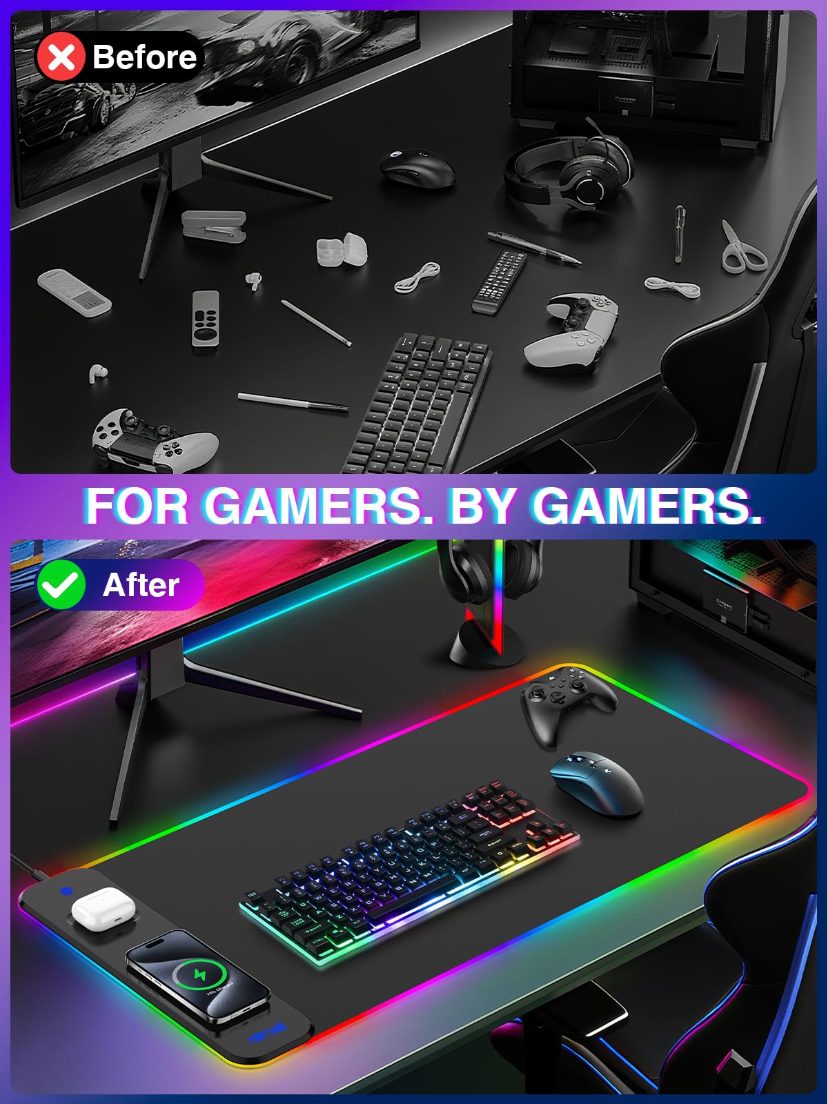 Mouse Pad with Wireless Charging, Large Desk Mat RGB Gaming Mousepad, 10 Light Colors LED Gaming Pad Keyboard Pad with Ultra-Smooth Surface & Non-Slip Rubber Base, Waterproof Full Desk Mouse Pad