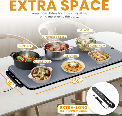 Lalush'e Electric Food Warming Mat, XXL 36x15" - Portable Food Warmer for Parties, Hosting & Buffet Serving Foldable Graphene Heating Tray with 7 Temp Settings, Spoon Rest and Travel Isolation Pad