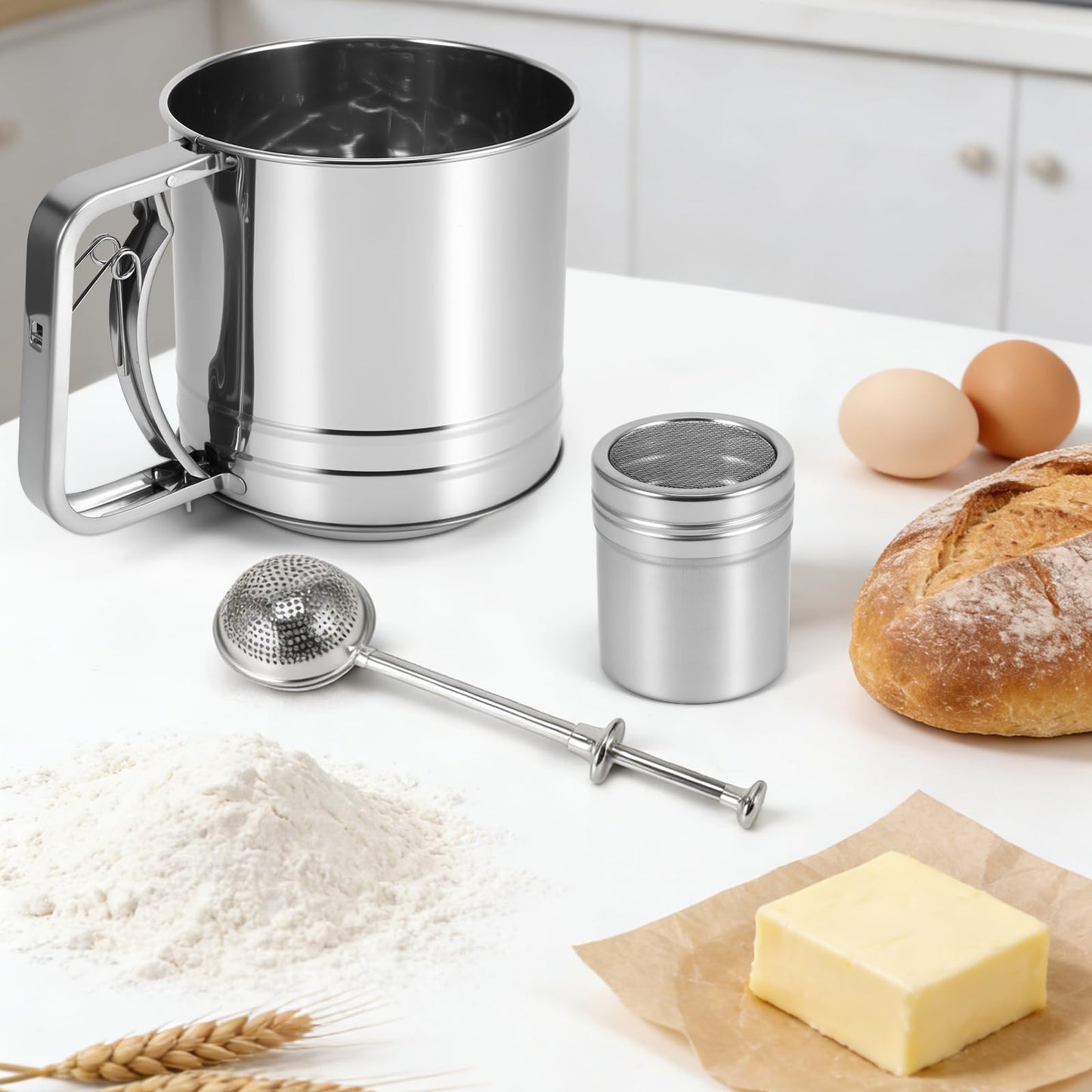 Flour Sifter for Baking, 3 in 1 Stainless Steel 3 Cup Flour Sieve Fine Mesh Sifter, Double-layer Squeeze Baking Sifter, Powdered Sugar Shaker Duster Set for Baking Cakes, Pastries, Cupcakes, Desserts