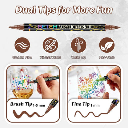 24-Pack Betem Acrylic Paint Pens, Dual Tip Glass Markers, Quick-Drying Acrylic Markers, Paint Pens with Fine & Brush