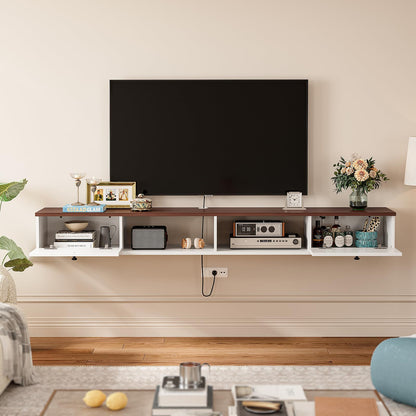 FloatiCasa Floating TV Stand,Plywood Wall Mounted Media Console with 2 Doors & Open Storage,Modern Under TV Cabinet for Living Room & Bedroom,White & Walnut, 78 inch
