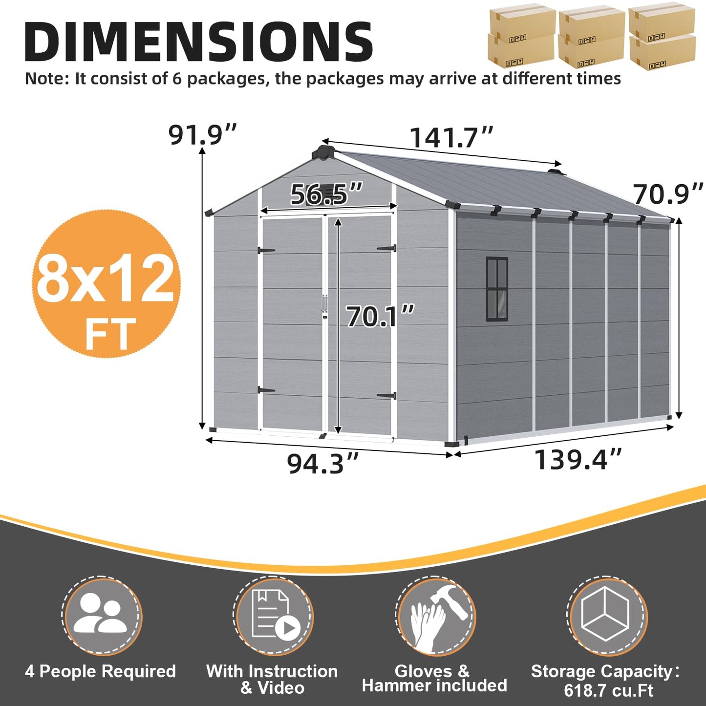 MELLCOM 8 x 12 FT Plastic Outdoor Storage Shed with Floor, Outdoor Resin Storage Tool Shed with Windows and Lockable Door, Resin Garden Shed for Lawnmower, Bike, Garbage Can