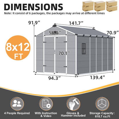MELLCOM 8 x 12 FT Plastic Outdoor Storage Shed with Floor, Outdoor Resin Storage Tool Shed with Windows and Lockable Door, Resin Garden Shed for Lawnmower, Bike, Garbage Can