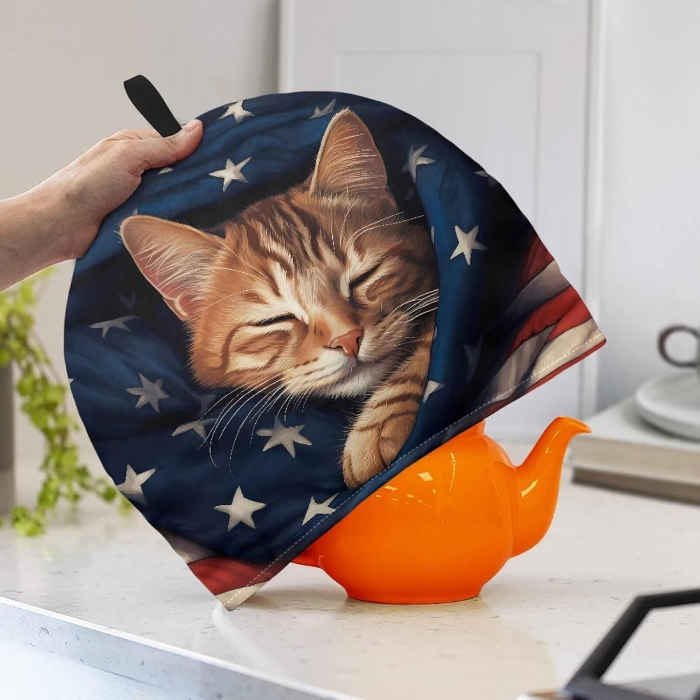US Flag Sleeping Cat Tea Pot Cover, Tutolip Insulated Dust Proof Tea Kettle Cover for Kitchen Decoration