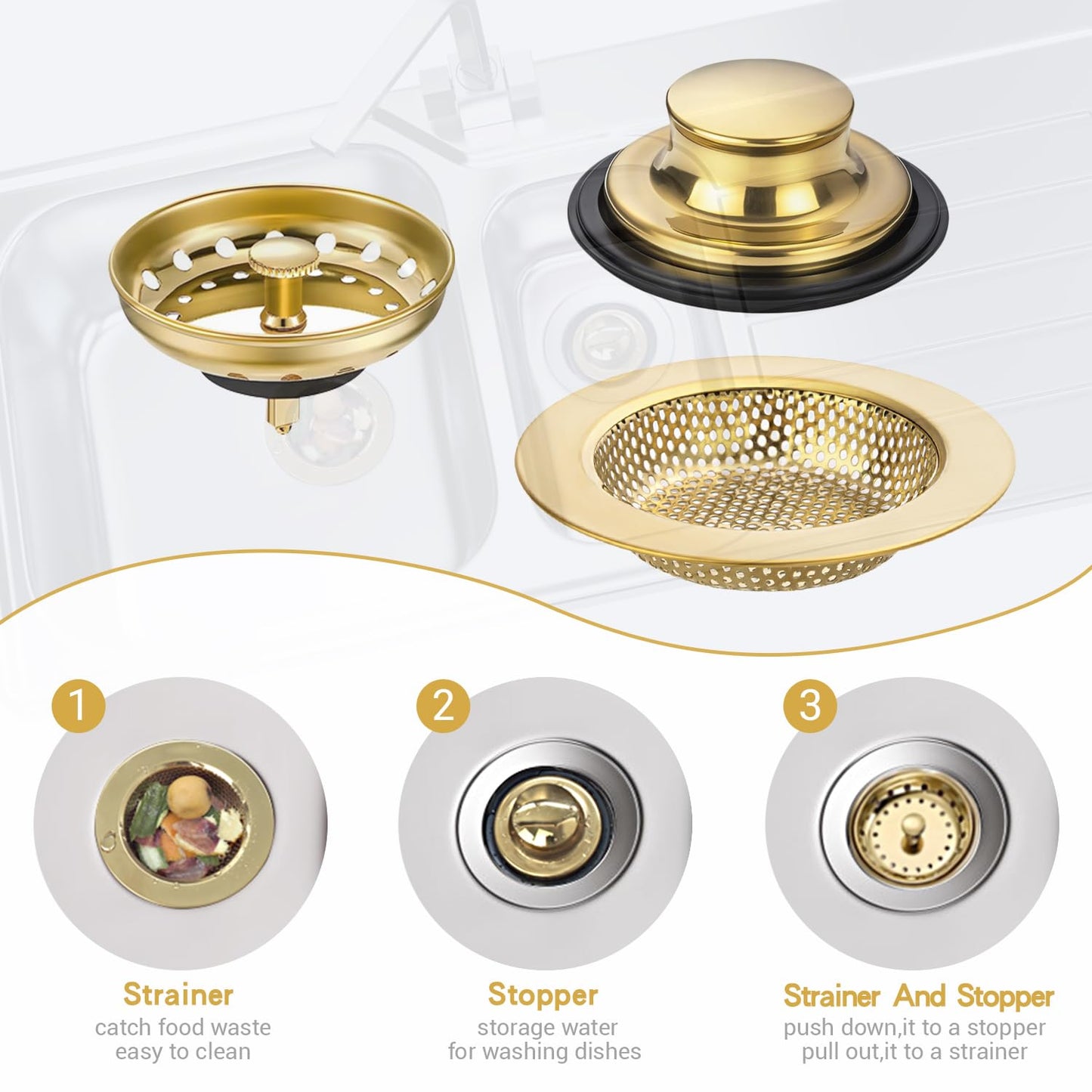 RQYEKDO 3-Pack Kitchen Sink Drain Strainer Stopper Set, Universal Anti-Clogging Stainless Steel Garbage Disposal Plug with Handle, Perforated Basket Filter Sieve for Standard 3.5" Drains (Gold)