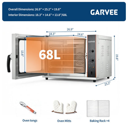 Commercial Convection Oven, 68L/60Qt Stainless Steel Air Fryer Toaster Oven Combo, 4-Tier Countertop Rotisserie Oven with Glass Door, 1750W Baking Roaster, 30-300°c, Trays & Racks, US Plug