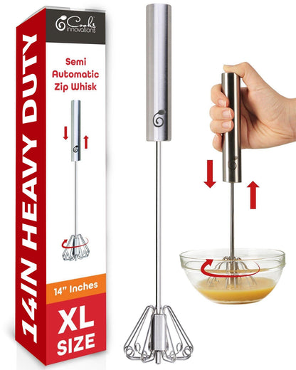 14 Inch Stainless Steel Egg Beater - Durable & Easy to Use Push-Down Zip Whisker - Rotary Hand Mixer for Beating Eggs, Frothing Milk, Blending, Mixing, Whipping Smoothies & Shakes - Hand Whisk