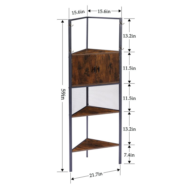 VECELO 4 Tier Corner Cabinet, 59" Tall Standing Organizer with 4 Dual-Hooks, Storage Rack, Narrow Bookshelf Display Shelves Rack for Wall Corner, Living Room, Kitchen, Bedroom, Office, Retro Brown