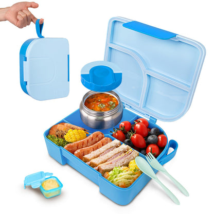 TinyPalsa Bento Box for Kids with 10oz Insulated Food Jar, Leak-Proof Kids Lunch Box with Thermal Food Container, 3 Compartments, Portable Handle, Dishwasher Safe, Ideal for School & Travel (Blue)