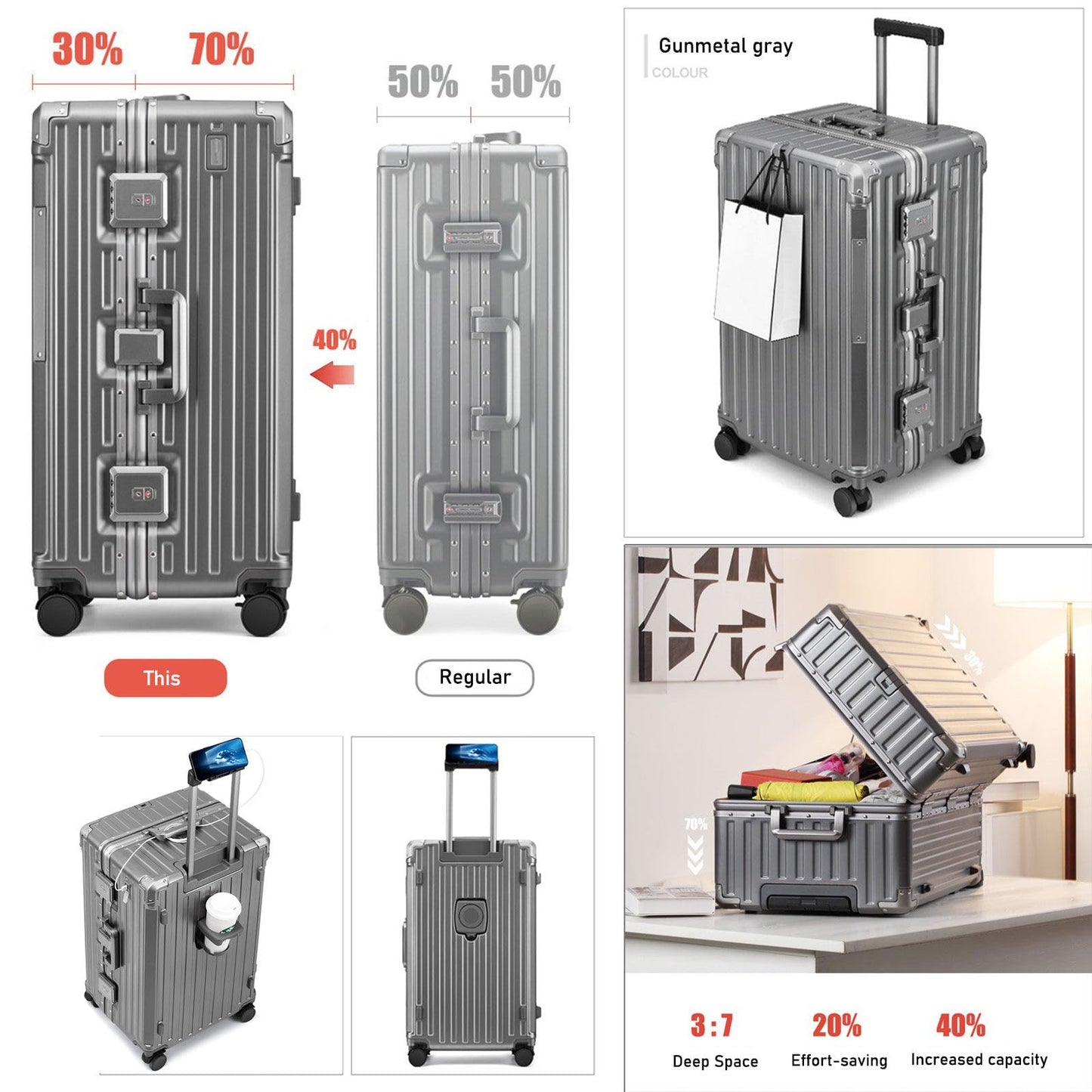 LEOVEN Hardside Luggage, LS-0683 PC Hard Shell Suitcase with Cup Holder, USB, Type-C, 3:7 Ratio, Large Capacity, Aluminium Frame, TSA Customs Lock, 360° Double Wheels with Brake and Shock Absorber