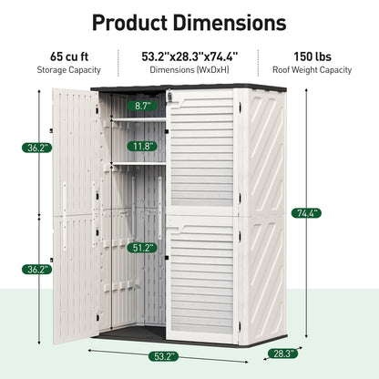 WillowLume 65 Cu.Ft Outdoor Storage Shed, Lockable Outdoor Vertical Resin Storage Cabinet with Floor, All-Weather Waterproof Shed for Garden, Backyard, Pool (65 cu ft - Shelf Kit)