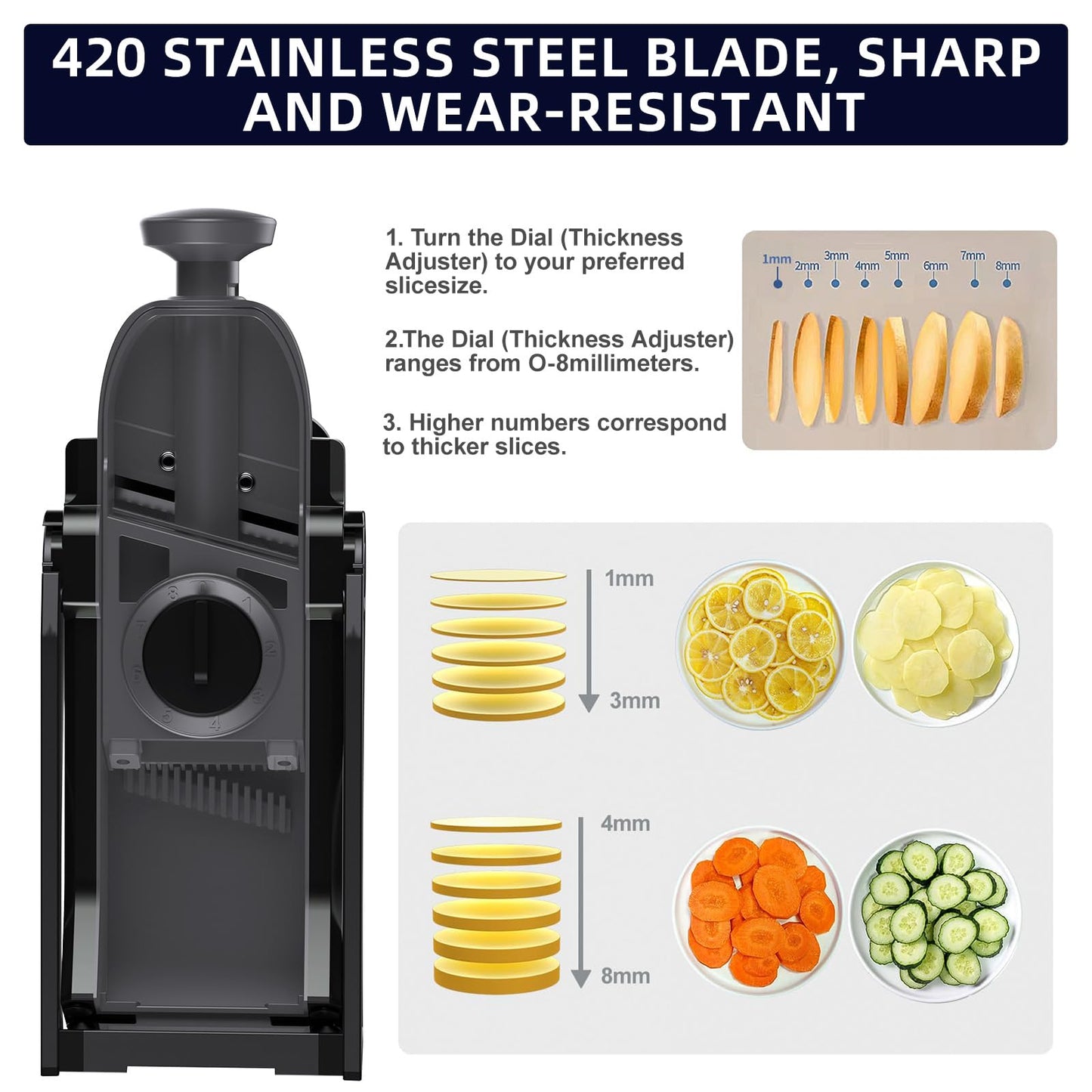 Safe Mandoline Slicer for Kitchen, Adjustable Thickness 0.1-8 mm, Professional Vegetable Slicer, Potato Slicer, Food Chopper French Fry Cutte, Mandolin, Chopping Artifact Fast Veggie (Black Knight)