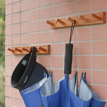 Cobnap Natural Teak Wall-Mounted Coat Rack (Set of 2, 16.6")-Farmhouse Entryway Hooks with 5 Wooden Hooks Each, Rustic Bathroom Wall Pegs for Jackets, Backpacks & Towels