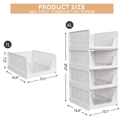 4 Pack Stackable Closet Storage Basket - Stackable Storage Bins, Multifunctional & Foldable Closet Organizer Divided, Wardrobe Cupboard Space-Saving Clothes Storage Hat Organizer, White