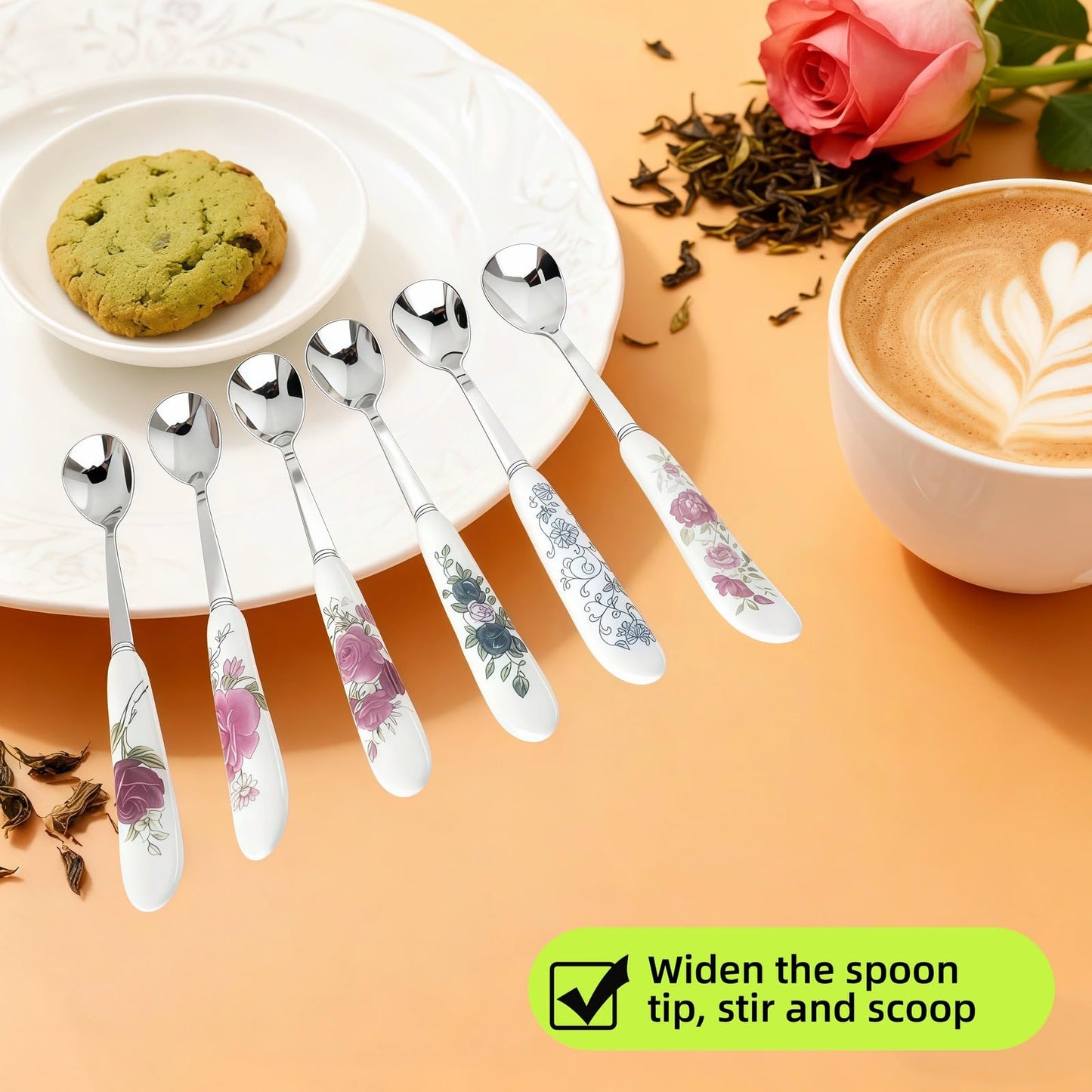 Hiiooweiyi 6-Piece Set of Stainless Steel Coffee Spoons Ceramic Handles Teaspoons Sugar Water Ice Cream Smoothies Spoons Soup Mixing Utensils