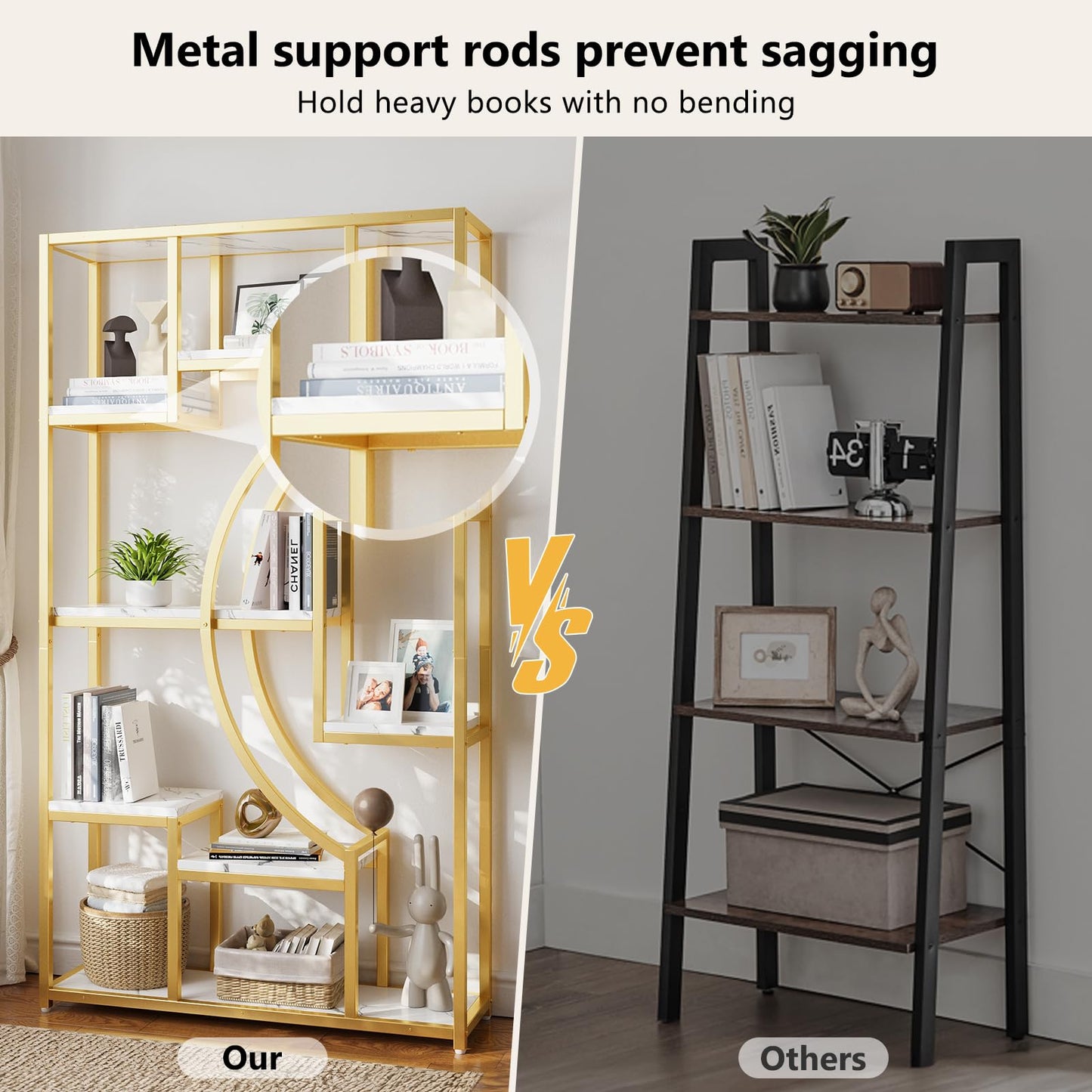 HolliWill Modern Book Shelf, White and Gold Bookshelf, 70.8 Inch Tall Etagere Bookcase, Set of 2 Geometric Display Shelves for Living Room, Bookcases/Bookshelf with Metal Frame for Home Office