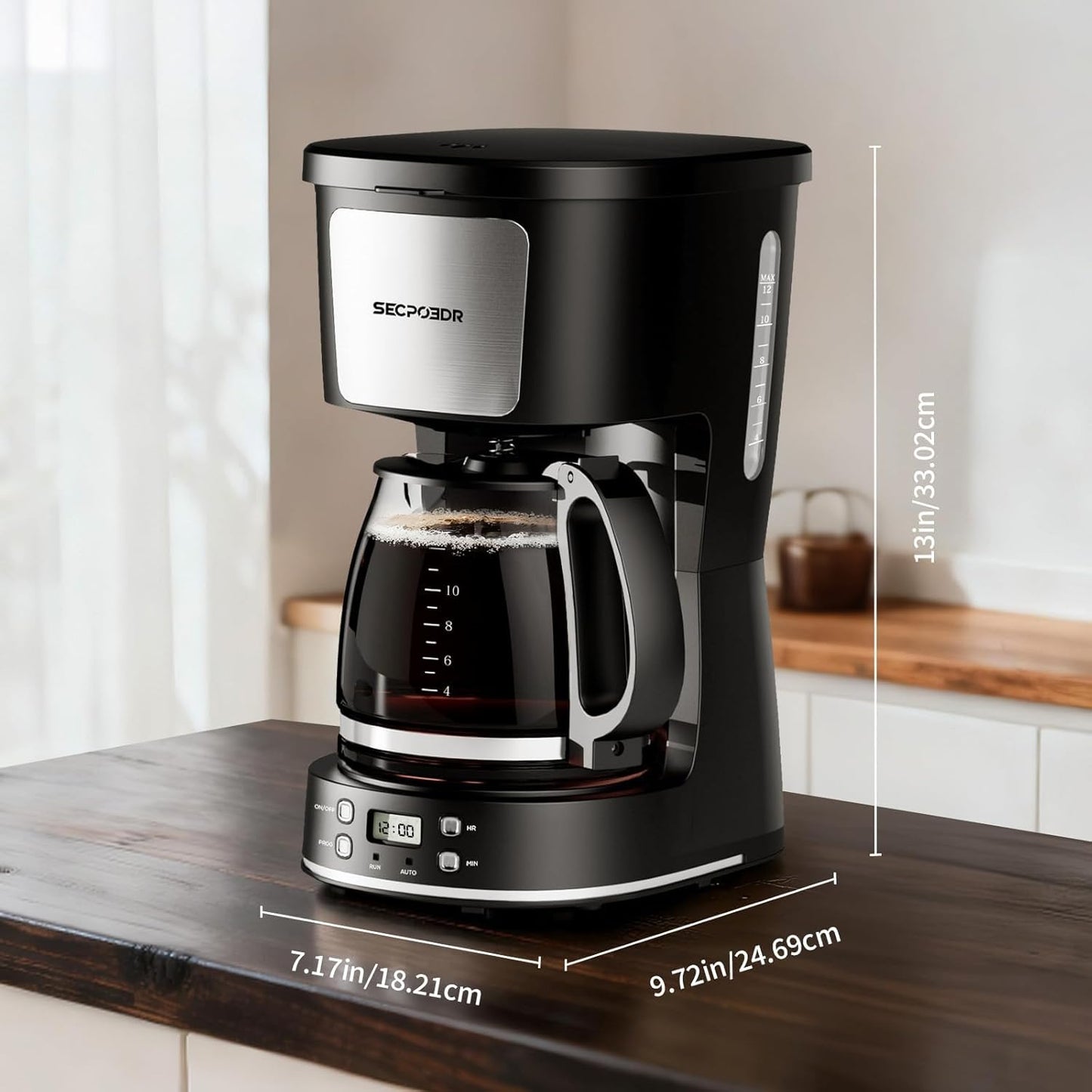 12-Cup Filter,Programmable Drip Coffee Maker with Reusable Clock,Auto Brew,Water Window,Keep Hot Plate,Glass