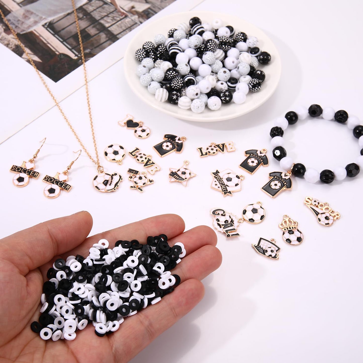 2500PCS+ Soccer Beads Charms for Bracelet Making Black White Acrylic Crystal Heishi Clay Beads Enamel Soccer Ball Jersey Charms for Game Day Bracelet Necklace Earrings Making DIY Crafts (Black White)