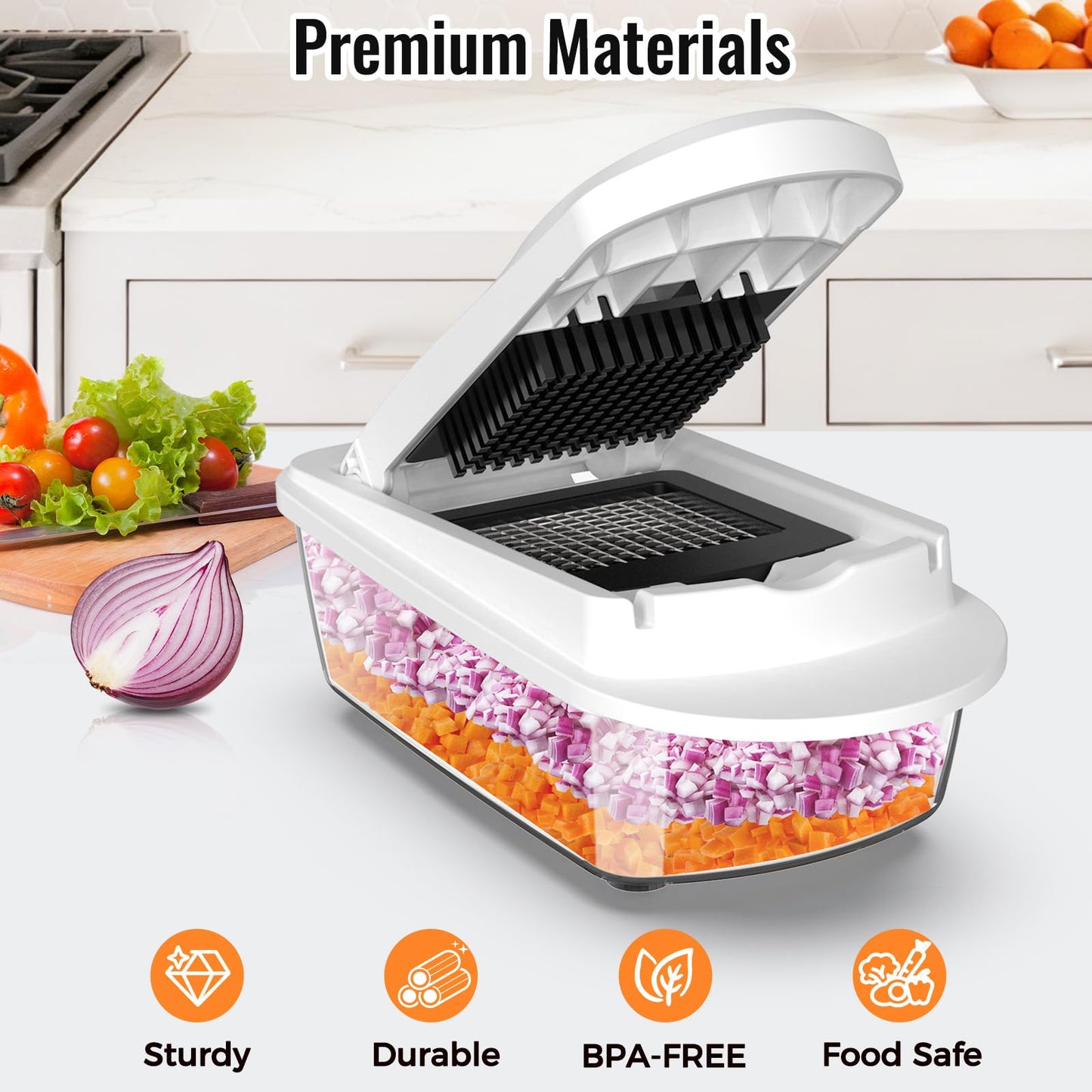 12 Blade All-in-1 Vegetable Chopper Mandoline Slicer with Container, Spiralizer with Containers, Food Chopper, Onion Chopper, Veggie Cutter for Salad, Kitchen Gadgets Accessories Essentials, White