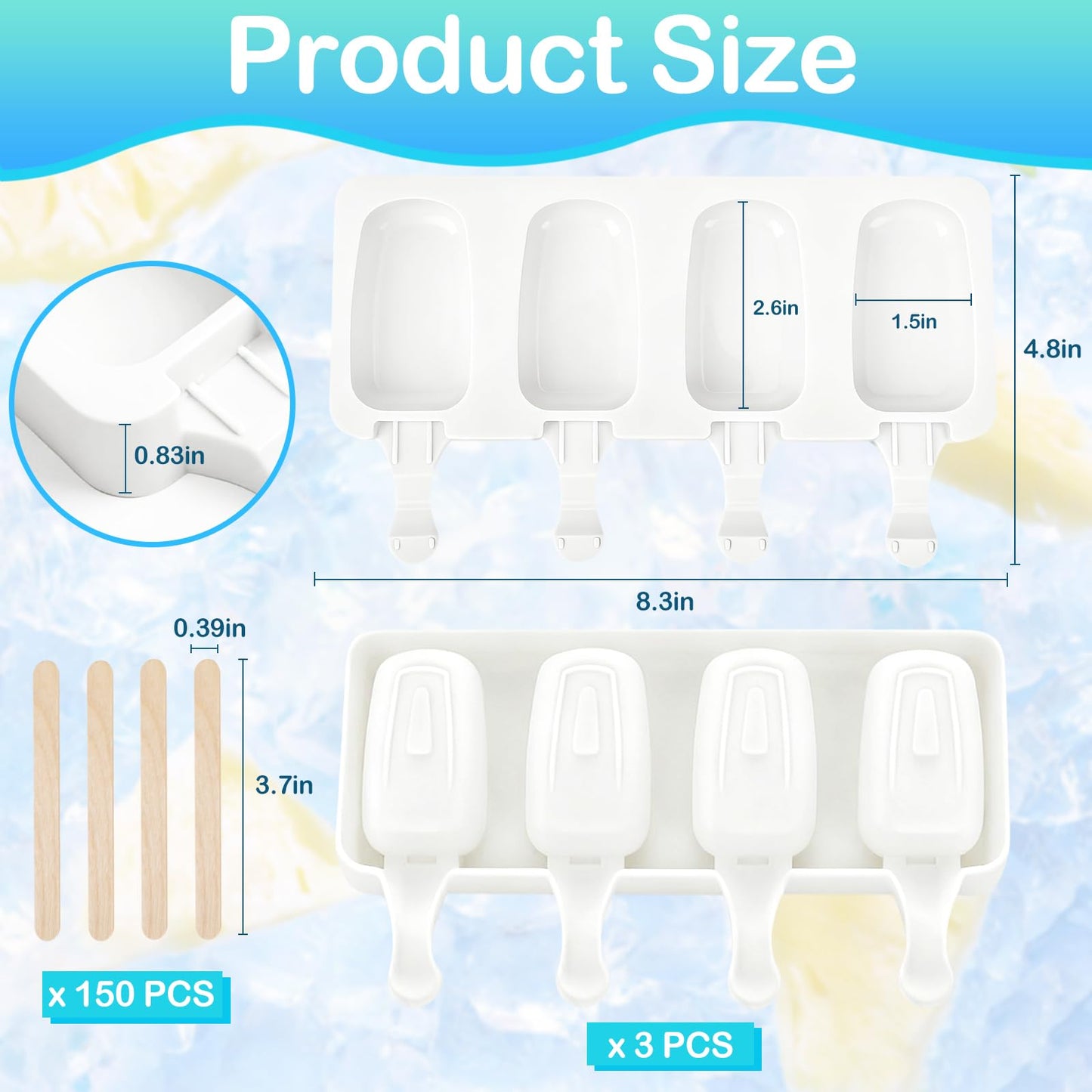 3 Set Small Silicone Popsicle Molds Ice Cream Mould 4 Cavity Ice Lolly Mold White Oval Cake Pop Mould with 150 Pieces Wooden Sticks for DIY Cream Popsicle Cake