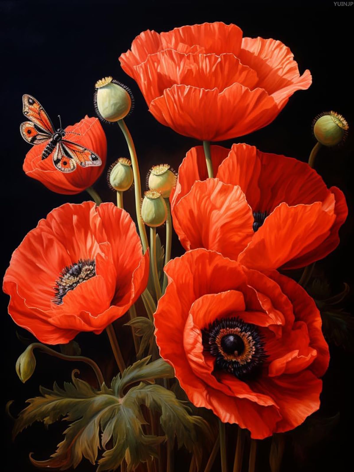 YUINJP 5D Diamond Art Painting Kits by Number for Adults Red Poppy Diamond Art Painting Full Round Drill Crystal Rhinestone Embroidery Craft Kits 30x40cm