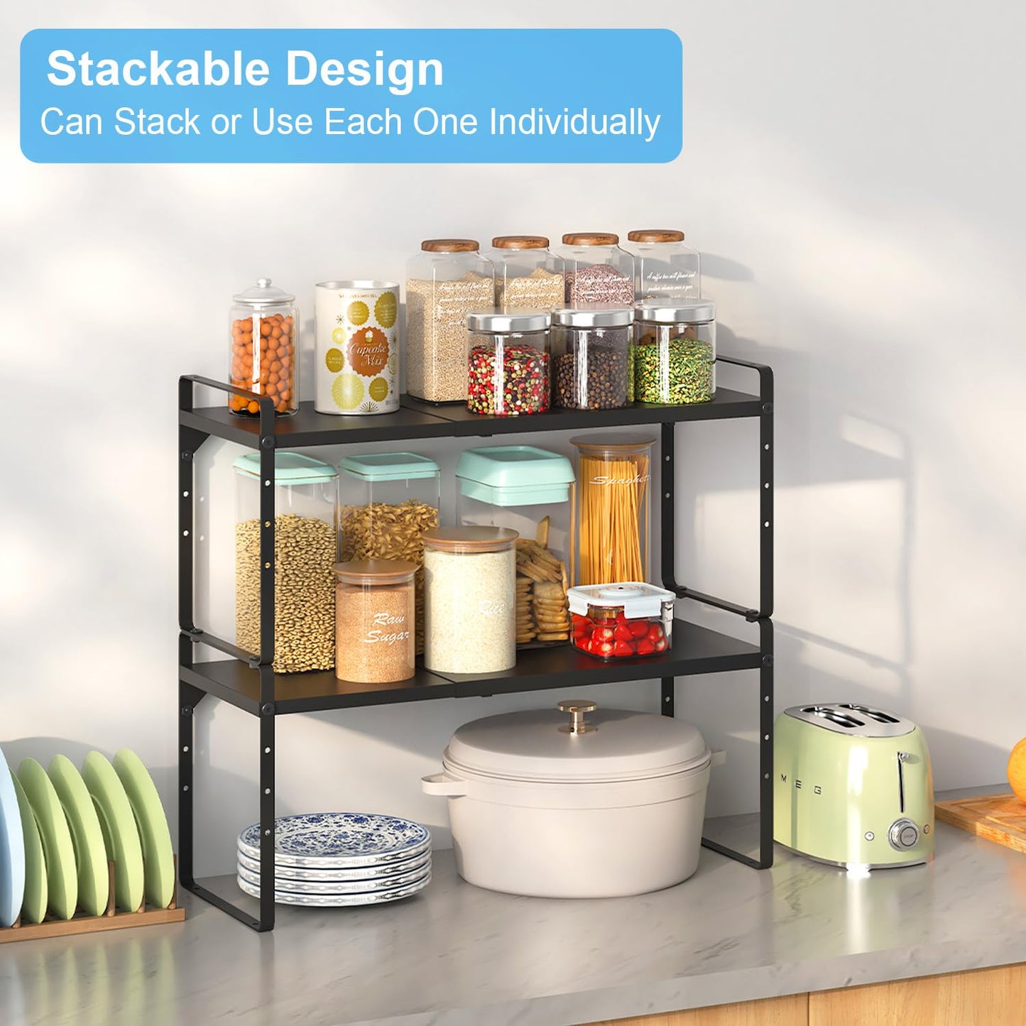 15.5 to 25.5 Inch Expandable Kitchen Cabinet Organizer Shelf, 2 Pack 30 LBS Heavy Duty Adjustable Kitchen Counter Storage Shelves Organizers,Stackable Small Storage Shelf Rack For Cabinet Cupboard