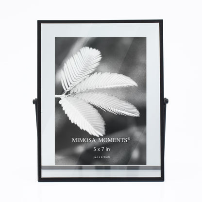 MIMOSA MOMENTS 5x7 Black Metal Floating Picture Frame, Double Glass Tabletop Display, Modern Minimalist Photo Frame for Home & Office Decor