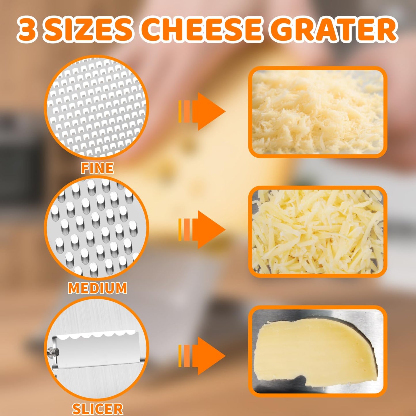 Aolzg 3-in-1 Handheld Cheese Grater Set for kitchen - Adjustable Slicer, Grater and Shredder with Tray - 430 Stainless Steel for Cheese, Butter, Vegetables, Chocolate, Dishwasher Safe