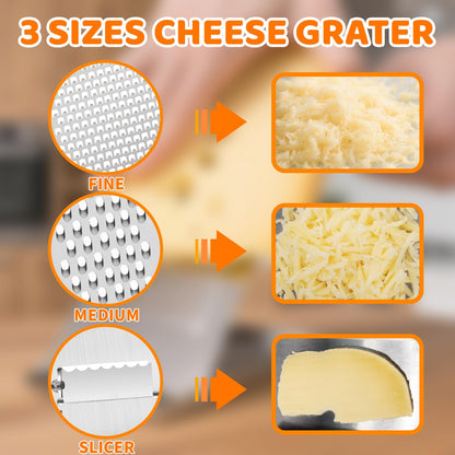 Aolzg 3-in-1 Handheld Cheese Grater Set for kitchen - Adjustable Slicer, Grater and Shredder with Tray - 430 Stainless Steel for Cheese, Butter, Vegetables, Chocolate, Dishwasher Safe