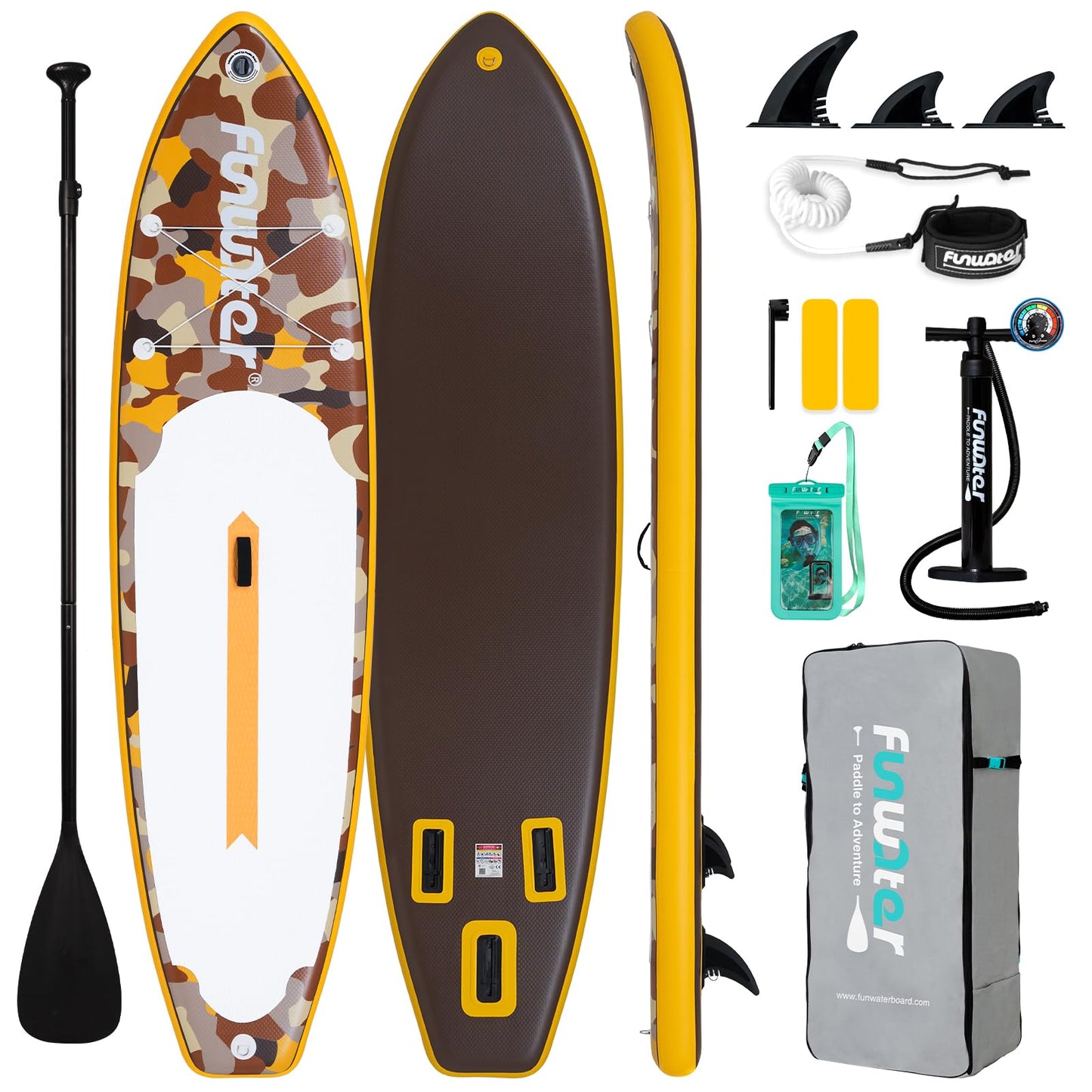 FunWater SUP Inflatable Stand Up Paddle Board Ultra-Light Inflatable Paddleboard with SUP Accessories,Fins,Adjustable Paddle, Pump,Backpack, Leash, Waterproof Phone Bag(Yellow)