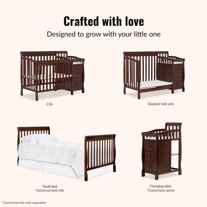 Dream On Me Jayden 4‑in‑1 Mini Convertible Baby Crib & Changer with Storage in Espresso, Pinewood, GreenGuard Gold & BSA, 1” Mattress Pad, 3 Mattress Heights, Converts to Mini Day & Twin-Size Bed