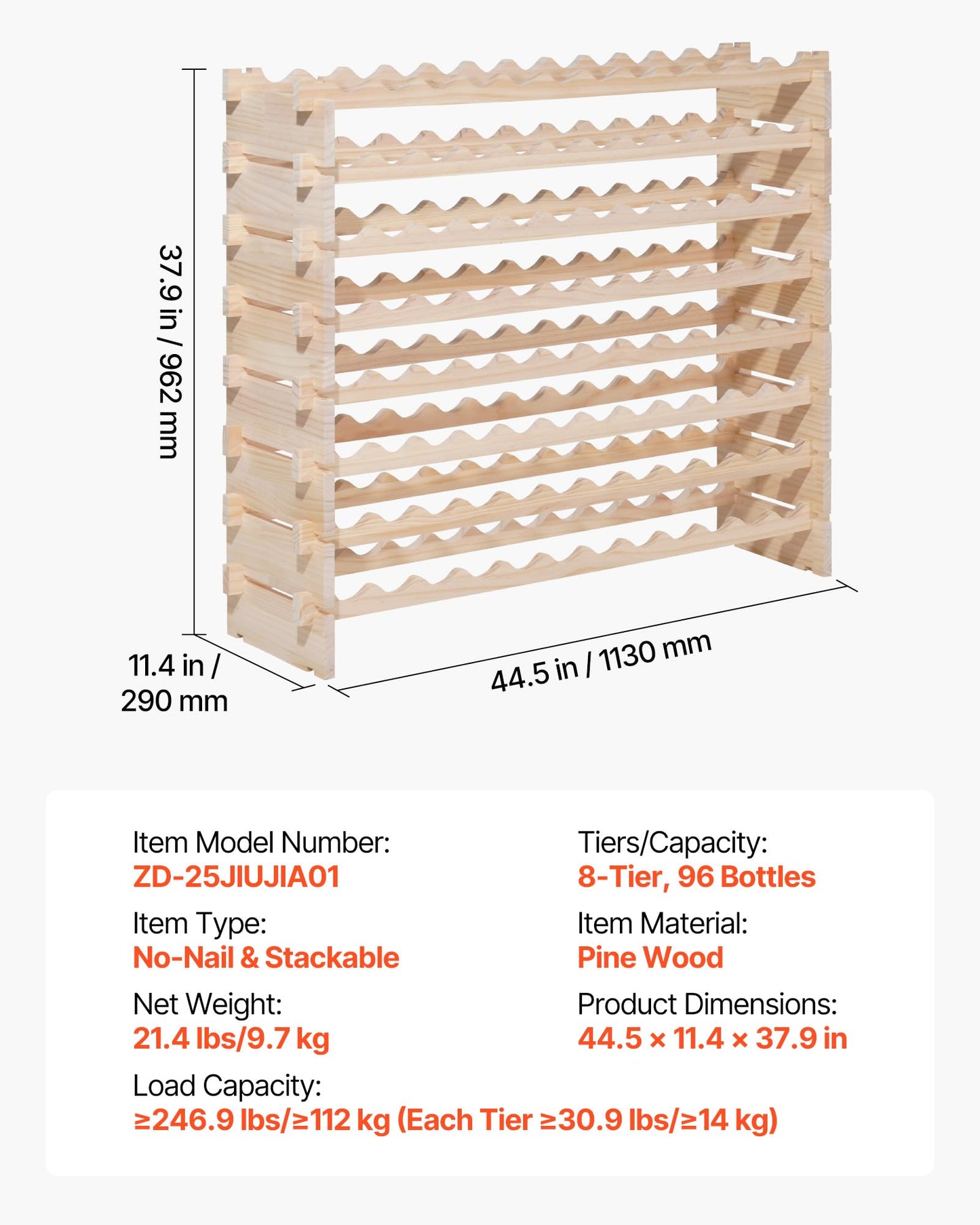 VEVOR 96 Bottle Stackable Modular Wine Rack, 8-Tier Wine Bottle Holder,Solid Wood Floor Freestanding Wine Storage Rack for Pinot Noir Bottles,for Kitchen, Cellar, and Bar, Natural