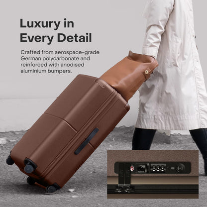 July Checked Plus with CaseSafe - 28.75" Built in Tracking, Airline Approved Check In Luggage with Wheels, Rolling Suitcase for Men & Women - Silent Spinner Wheels, Y-Strap - Dark Brown