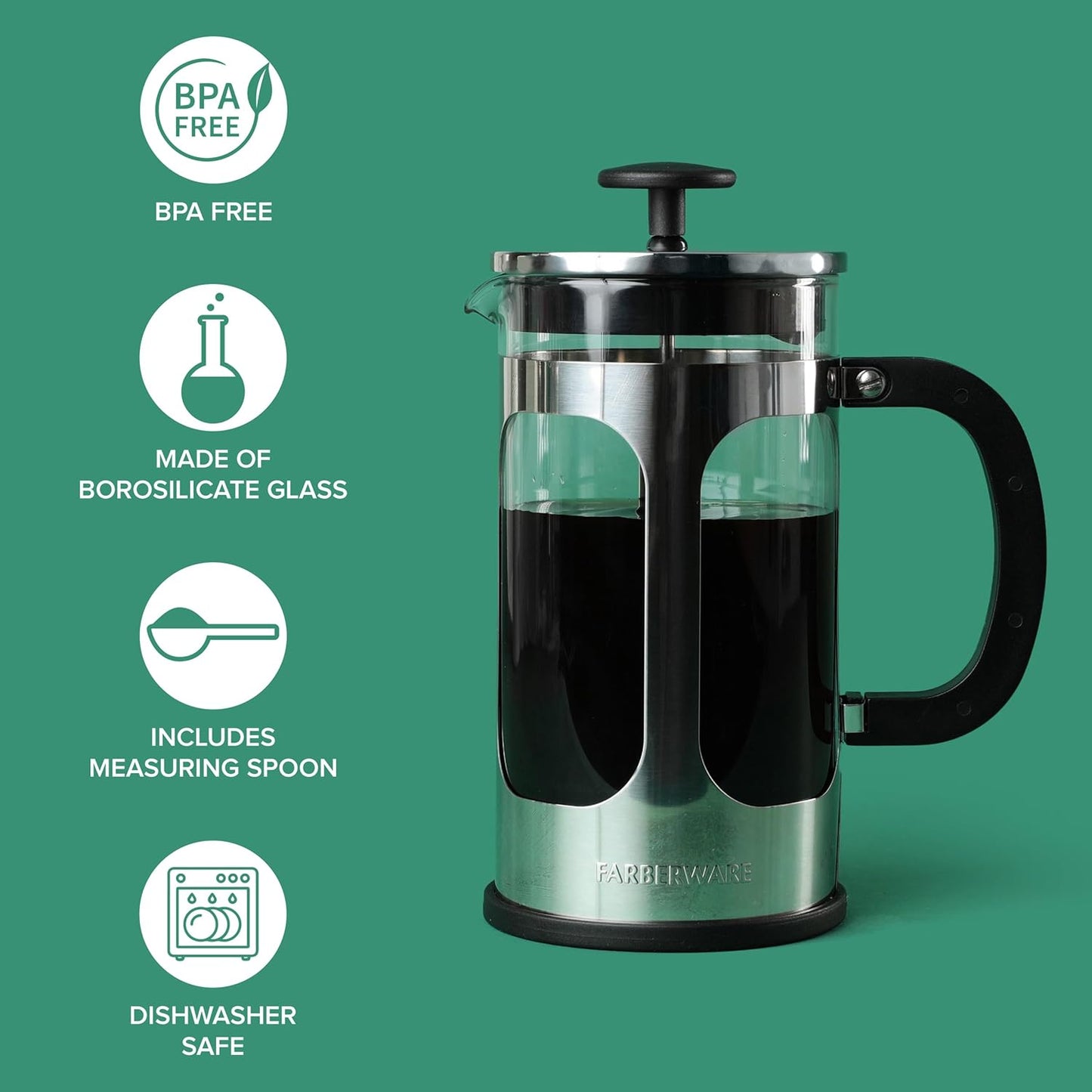 Farberware French Press Coffee Maker, 8 Cup Capacity, Stainless Steel Cold Brew Press, Borosilicate Glass