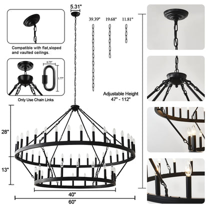 Yikrfiae 2 Tier Black Large Wagon Wheel Chandelier, 54-Lights 60 Inch Farmhouse Pendant Light Fixture, Round Rustic Hanging Lighting for Dining Room Kitchen Island Foyer Entryway