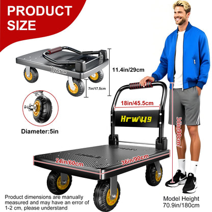 Hand Cart Dolly, Push Cart with 360 Swivel 5'' Wheels, 1200LBS Capacity, Dolly Cart with Wheels Warehouse Cart for Groceries, Garage, Warehouse - Black