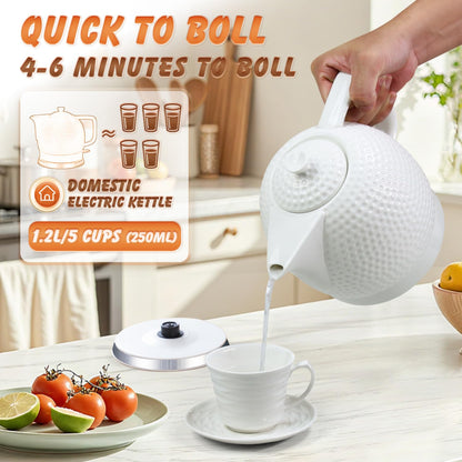 LONGSEED Electric Kettle, 1.2L Ceramic Tea Kettle with embossed design, BPA-Free,1500W Water Boiler with LED Light, Auto Shut-Off and Boil-Dry Protection,Pure white relief sculpture