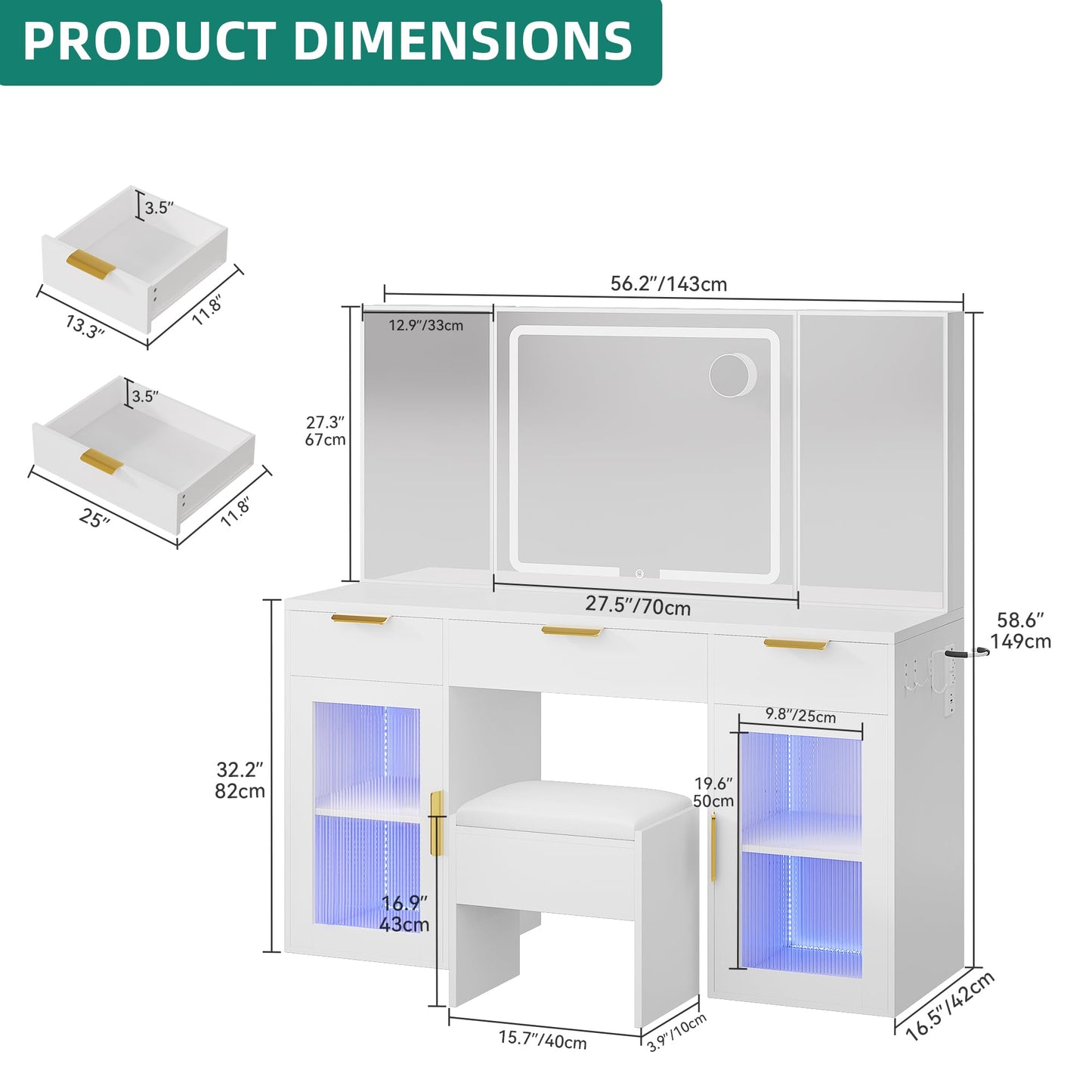 YITAHOME 56" LED Vanity Desk with Tri-Fold Mirror & Lights, RGB Glass Storage, 3 Drawers