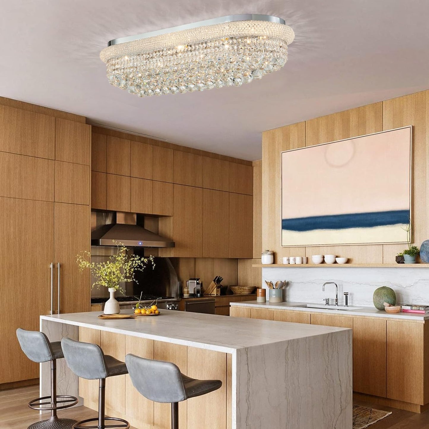 TMAFON Modern Rectangle Ceiling Crystal Chandelier - Length 36 inches Fulsh Mounting Chandeliers, Oval Light Fixtures for Living Dining Room, Bedroom