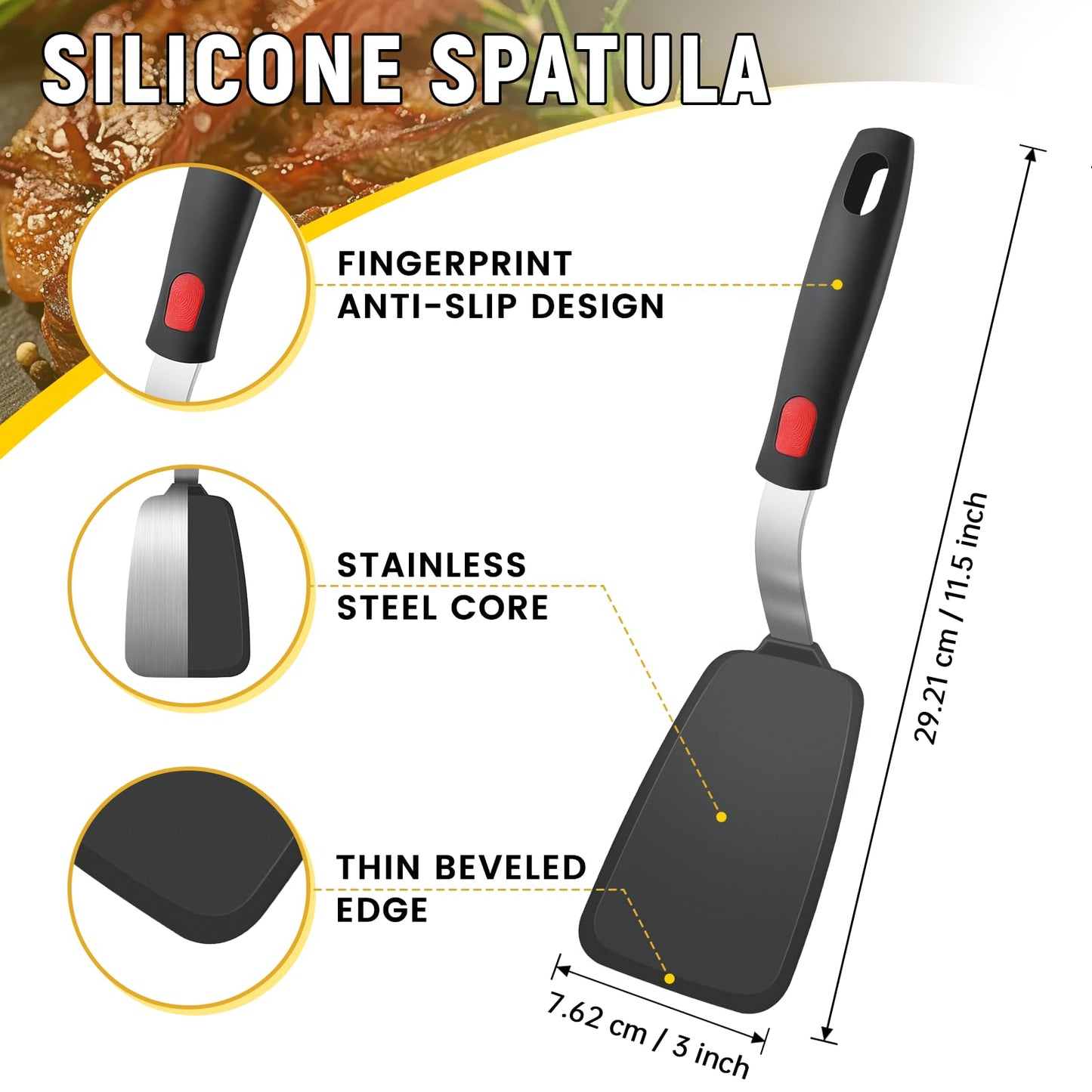 Flexible Silicone Spatula Turner, Heat Resistant Silicone Turner for Non-Stick Cookware, BPA-Free Food Grade Kitchen Spatula Utensils, Ideal for Flipping Eggs, Burgers, Pancakes, 11.8 x 2.4 in, Black
